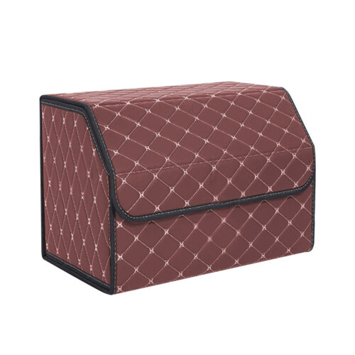 Leather Car Boot Collapsible Folding Cargo Organizer Portable Storage Box Coffee/Gold Stitch Medium - Image 3