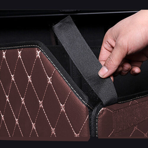 Leather Car Boot Collapsible Folding Cargo Organizer Portable Storage Box Coffee/Gold Stitch Medium - Image 4