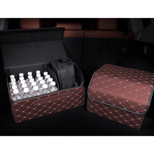 Leather Car Boot Collapsible Folding Cargo Organizer Portable Storage Box Coffee/Gold Stitch Medium - Image 5