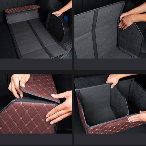 Leather Car Boot Collapsible Folding Cargo Organizer Portable Storage Box Coffee/Gold Stitch Medium - Image 6