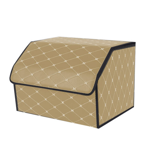Leather Car Boot Collapsible Folding Cargo Organizer Portable Storage Box Beige/Gold Stitch Medium