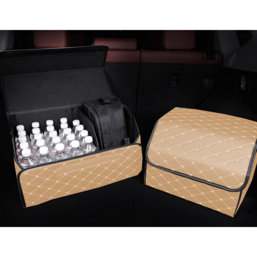 Leather Car Boot Collapsible Folding Cargo Organizer Portable Storage Box Beige/Gold Stitch Medium - Image 4