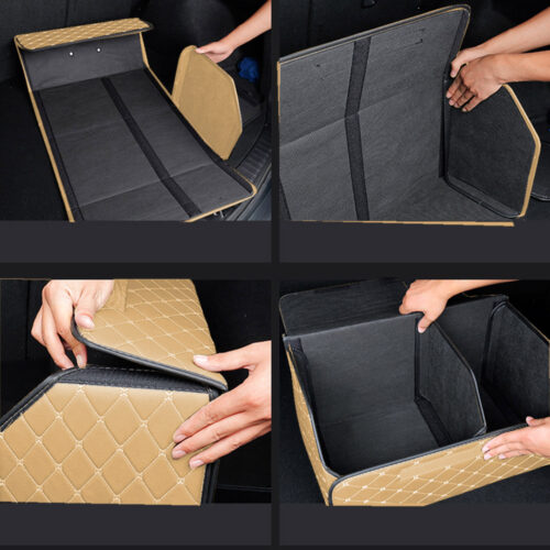 Leather Car Boot Collapsible Folding Cargo Organizer Portable Storage Box Beige/Gold Stitch Medium - Image 5