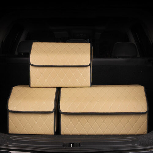 Leather Car Boot Collapsible Folding Cargo Organizer Portable Storage Box Beige/Gold Stitch Medium - Image 6