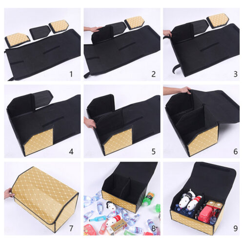 Leather Car Boot Collapsible Folding Cargo Organizer Portable Storage Box Beige/Gold Stitch Medium - Image 7