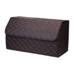 Leather Car Boot Collapsible Folding Cargo Organizer Portable Storage Box Black/Red Stitch Large