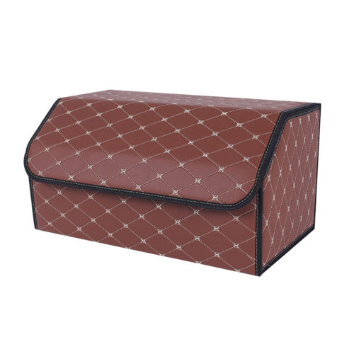 Leather Car Boot Collapsible Folding Cargo Organizer Portable Storage Box Coffee/Gold Stitch Large