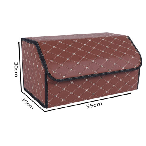 Leather Car Boot Collapsible Folding Cargo Organizer Portable Storage Box Coffee/Gold Stitch Large - Image 2