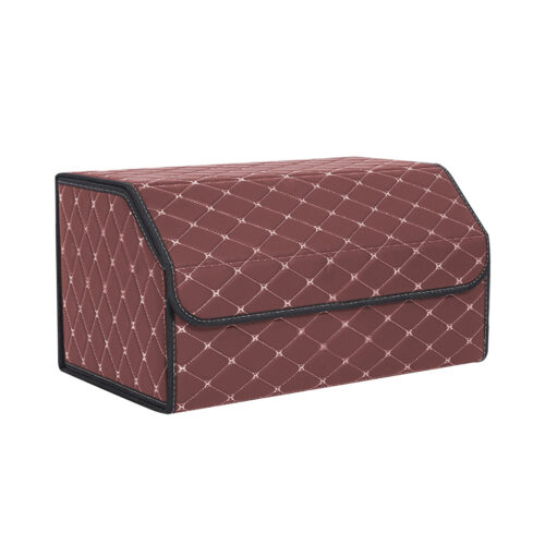 Leather Car Boot Collapsible Folding Cargo Organizer Portable Storage Box Coffee/Gold Stitch Large - Image 3