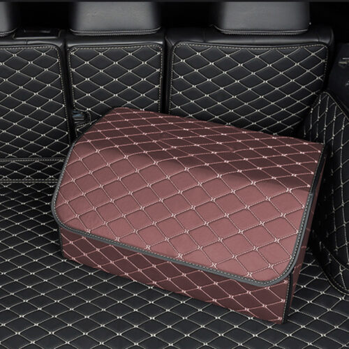 Leather Car Boot Collapsible Folding Cargo Organizer Portable Storage Box Coffee/Gold Stitch Large - Image 7