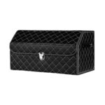 Leather Car Boot Collapsible Folding Cargo Organizer Portable Storage Box Black/White Stitch with Lock Medium