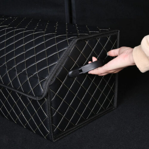 Leather Car Boot Collapsible Folding Cargo Organizer Portable Storage Box Black/White Stitch with Lock Medium - Image 2