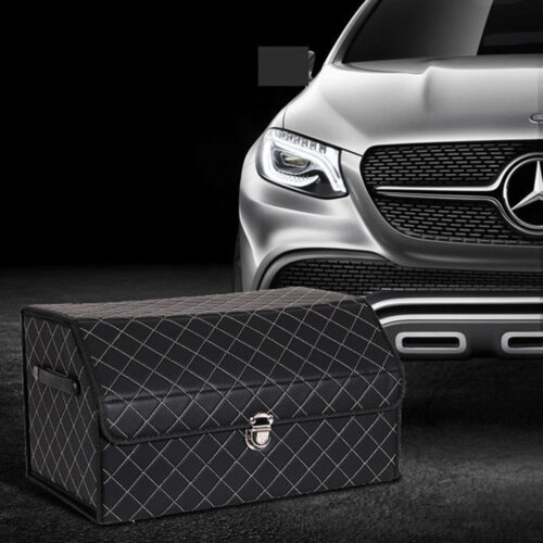 Leather Car Boot Collapsible Folding Cargo Organizer Portable Storage Box Black/White Stitch with Lock Medium - Image 4