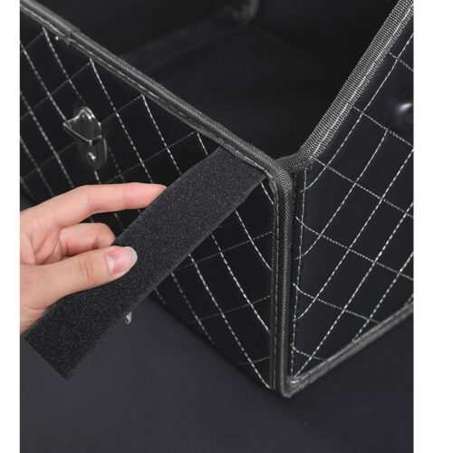 Leather Car Boot Collapsible Folding Cargo Organizer Portable Storage Box Black/White Stitch with Lock Medium - Image 5