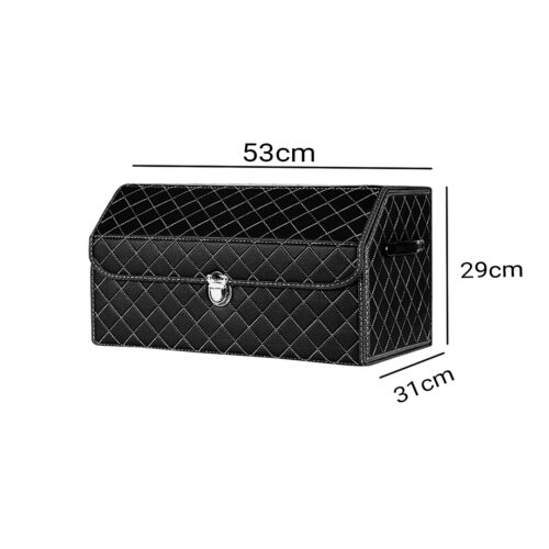 Leather Car Boot Collapsible Folding Cargo Organizer Portable Storage Box Black/White Stitch with Lock Medium - Image 6