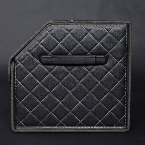 Leather Car Boot Collapsible Folding Cargo Organizer Portable Storage Box Black/White Stitch with Lock Medium - Image 8