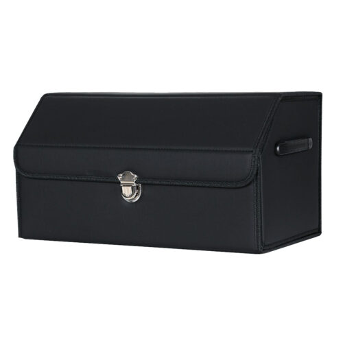 Leather Car Boot Collapsible Folding Cargo Organizer Portable Storage Box with Lock Black Medium