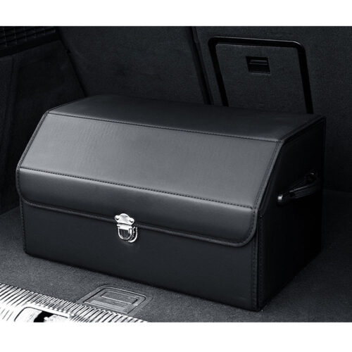 Leather Car Boot Collapsible Folding Cargo Organizer Portable Storage Box with Lock Black Medium - Image 4