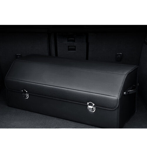 Leather Car Boot Collapsible Folding Cargo Organizer Portable Storage Box with Lock Black Large - Image 6