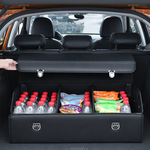Leather Car Boot Collapsible Folding Cargo Organizer Portable Storage Box with Lock Black Large - Image 8