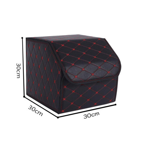 2x Leather Car Boot Collapsible Folding Cargo Organizer Portable Storage Box Black/Red Stitch Small - Image 2
