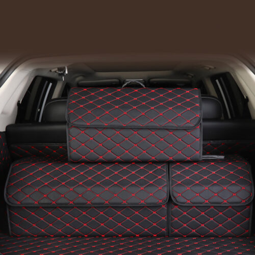 2x Leather Car Boot Collapsible Folding Cargo Organizer Portable Storage Box Black/Red Stitch Small - Image 6