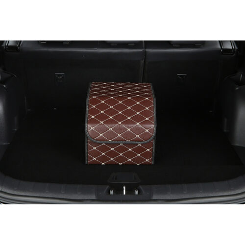 2x Leather Car Boot Collapsible Folding Cargo Organizer Portable Storage Box Coffee/Gold Stitch Small - Image 7