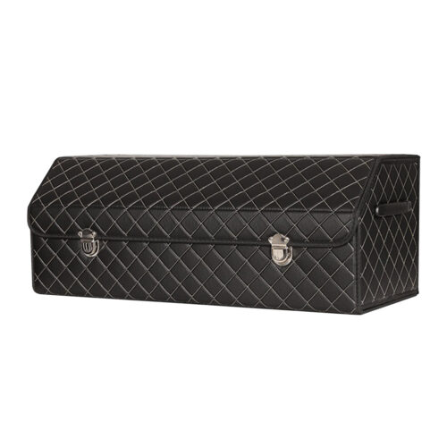 Leather Car Boot Collapsible Folding Cargo Organizer Portable Storage Box Black/White Stitch with Lock Large