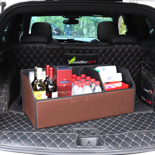 2x Leather Car Boot Collapsible Folding Cargo Organizer Portable Storage Box Coffee Medium - Image 10