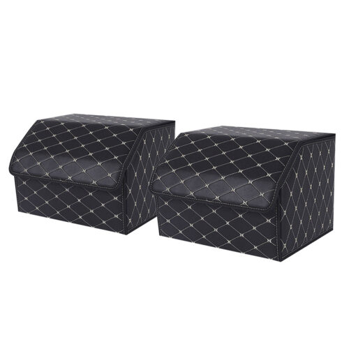 2x Leather Car Boot Collapsible Folding Cargo Organizer Portable Storage Box Black/Gold Stitch Medium