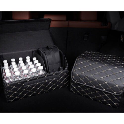 2x Leather Car Boot Collapsible Folding Cargo Organizer Portable Storage Box Black/Gold Stitch Medium - Image 5