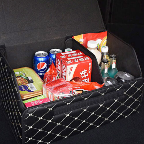 2x Leather Car Boot Collapsible Folding Cargo Organizer Portable Storage Box Black/Gold Stitch Medium - Image 7