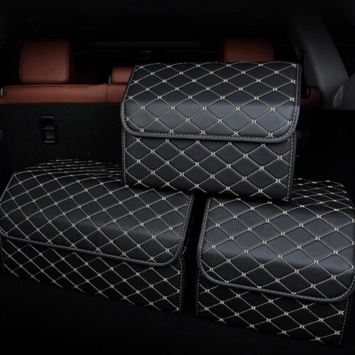 2x Leather Car Boot Collapsible Folding Cargo Organizer Portable Storage Box Black/Gold Stitch Medium - Image 8