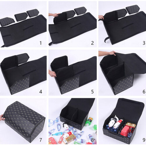 2x Leather Car Boot Collapsible Folding Cargo Organizer Portable Storage Box Black/Gold Stitch Medium - Image 9