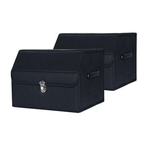 2x Leather Car Boot Collapsible Folding Cargo Organizer Portable Storage Box with Lock Black Small