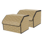 2x Leather Car Boot Collapsible Cargo Organizer Portable Storage Box Beige/Gold Stitch Medium