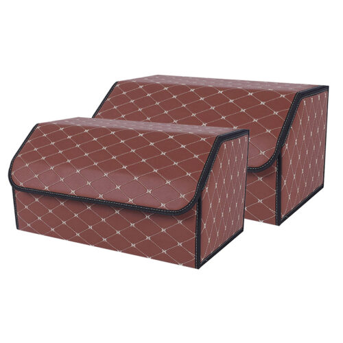 2x Leather Car Boot Collapsible Folding Cargo Organizer Portable Storage Box Coffee/Gold Stitch Large