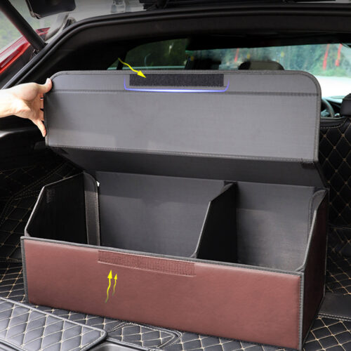 2x Leather Car Boot Collapsible Folding Cargo Organizer Portable Storage Box Coffee/Gold Stitch Large - Image 9