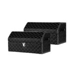 2x Leather Car Boot Collapsible Folding Cargo Organizer Portable Storage Box Black/White Stitch with Lock Medium