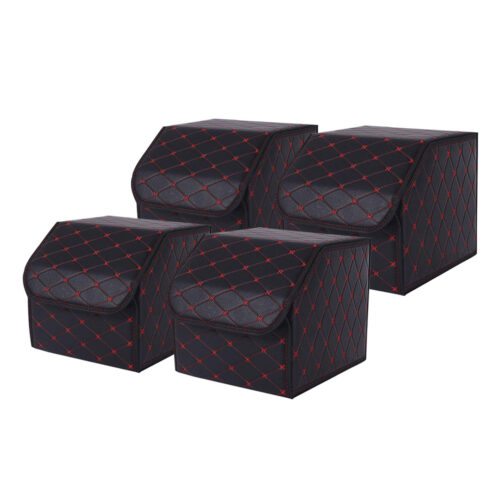 4x Leather Car Boot Collapsible Folding Cargo Organizer Portable Storage Box Black/Red Stitch Small