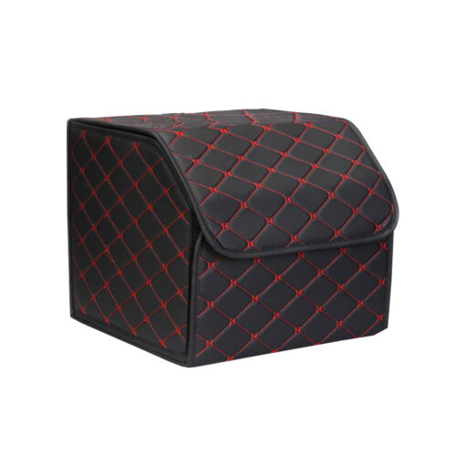 4x Leather Car Boot Collapsible Folding Cargo Organizer Portable Storage Box Black/Red Stitch Small - Image 3