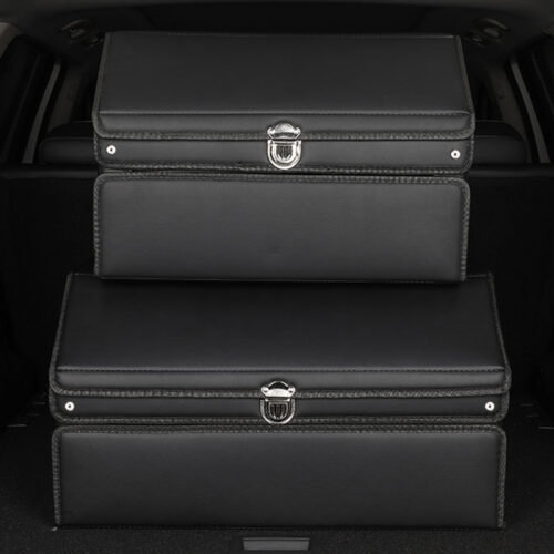 2x 60cm Leather Car Boot Collapsible Folding Cargo Organizer Portable Storage Box with Lock Black - Image 5