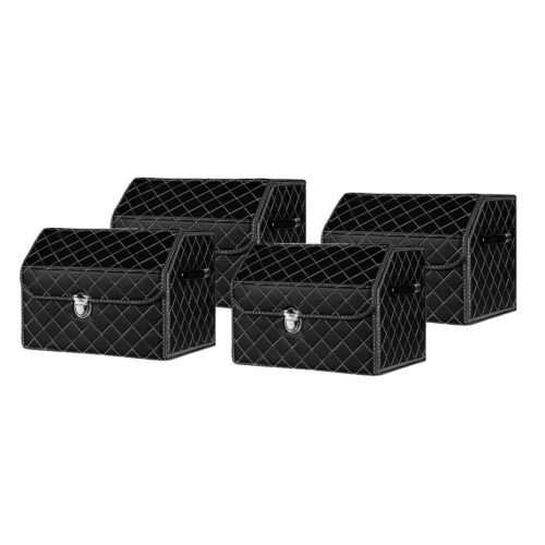 4x Leather Car Boot Collapsible Folding Cargo Organizer Portable Storage Box Black/White Stitch with Lock Small