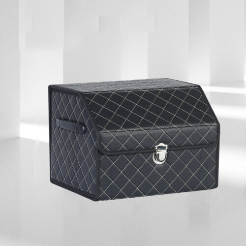 4x Leather Car Boot Collapsible Folding Cargo Organizer Portable Storage Box Black/White Stitch with Lock Small - Image 3