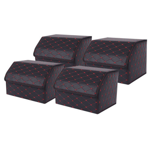 4x Leather Car Boot Collapsible Folding Cargo Organizer Portable Storage Box Black/Red Stitch Medium