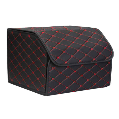 4x Leather Car Boot Collapsible Folding Cargo Organizer Portable Storage Box Black/Red Stitch Medium - Image 3