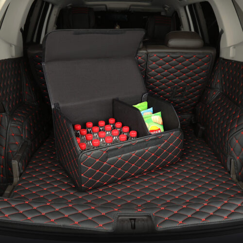 4x Leather Car Boot Collapsible Folding Cargo Organizer Portable Storage Box Black/Red Stitch Medium - Image 7