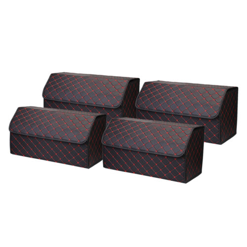 4x Leather Car Boot Collapsible Folding Cargo Organizer Portable Storage Box Black/Red Stitch Large