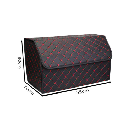 4x Leather Car Boot Collapsible Folding Cargo Organizer Portable Storage Box Black/Red Stitch Large - Image 2