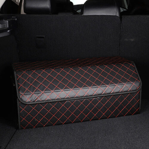4x Leather Car Boot Collapsible Folding Cargo Organizer Portable Storage Box Black/Red Stitch Large - Image 7